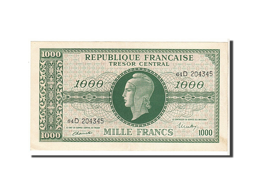 France, 1000 Francs, 1943-1945 Marianne, 1945, KM #107, UNC(60-62), 64D204345,..