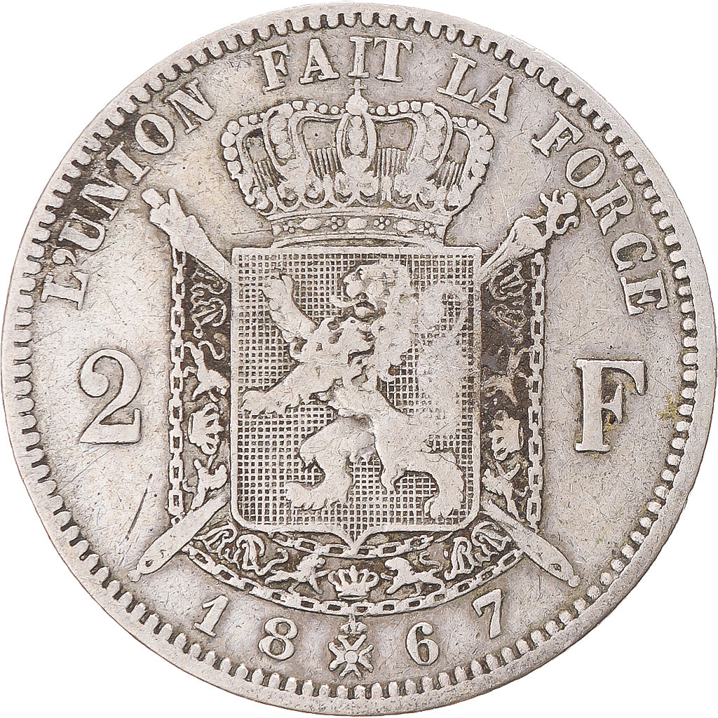 Coin, Belgium, Leopold II, 2 Francs, 2 Frank, 1867, VF(30-35), Silver, KM:30.2