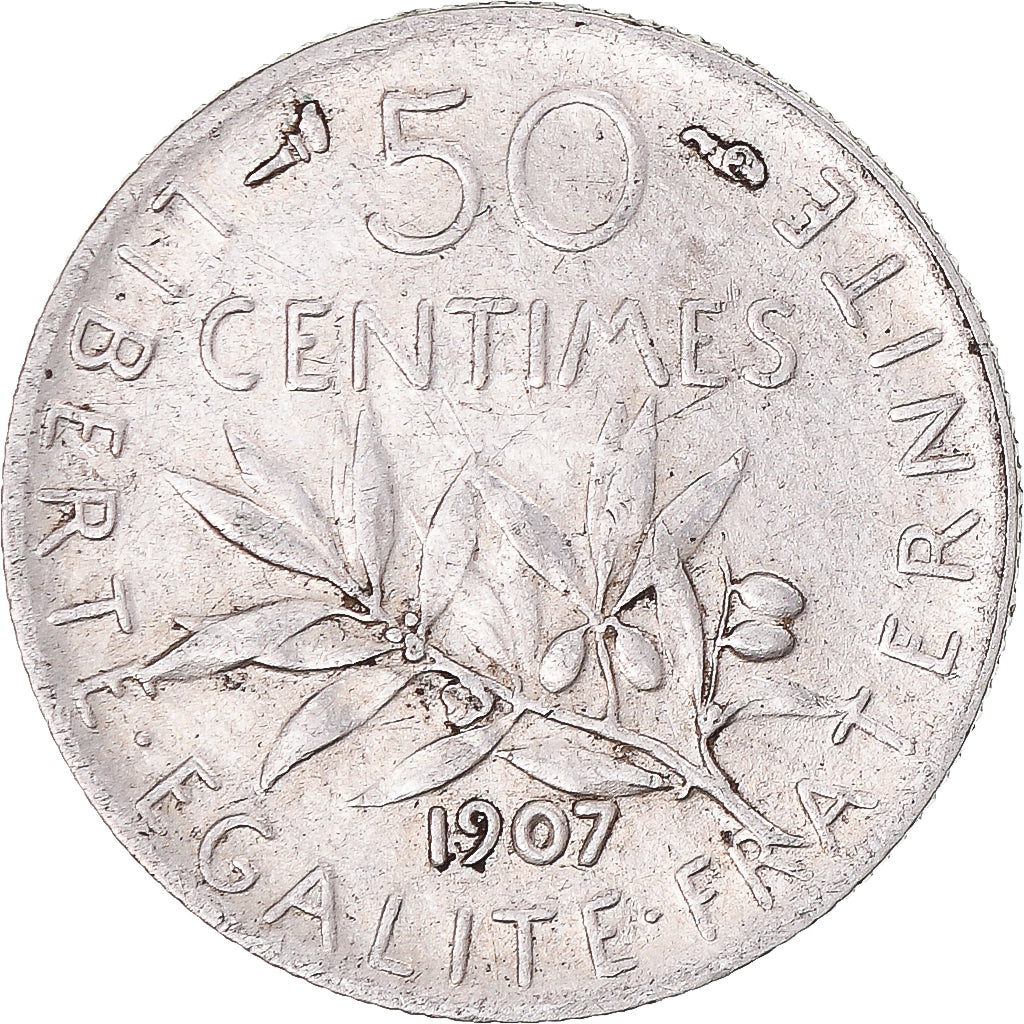 Moeda, França, Semeuse, 50 Centimes, 1907, Paris, EF(40-45), Prata, KM:854