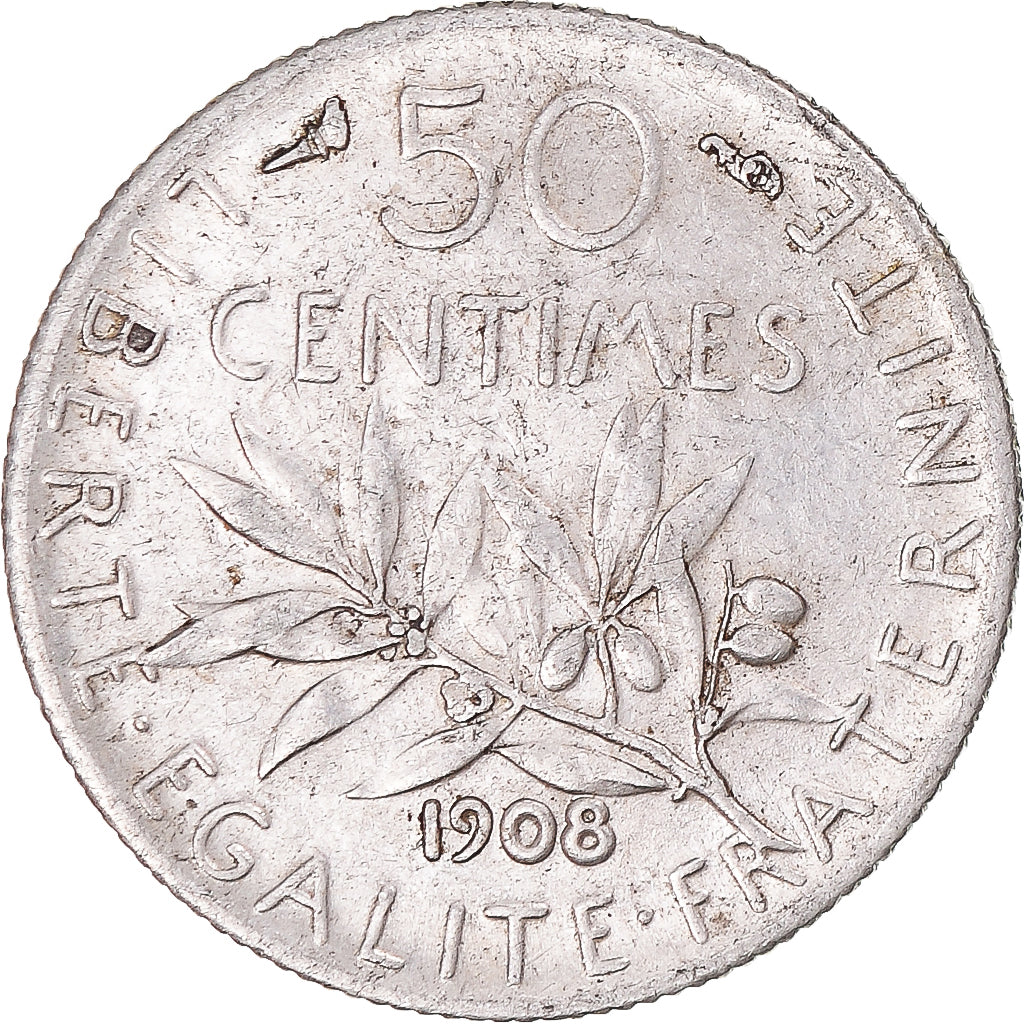 Monnaie, France, Semeuse, 50 Centimes, 1908, Paris, TTB+, Argent, Gadoury:420