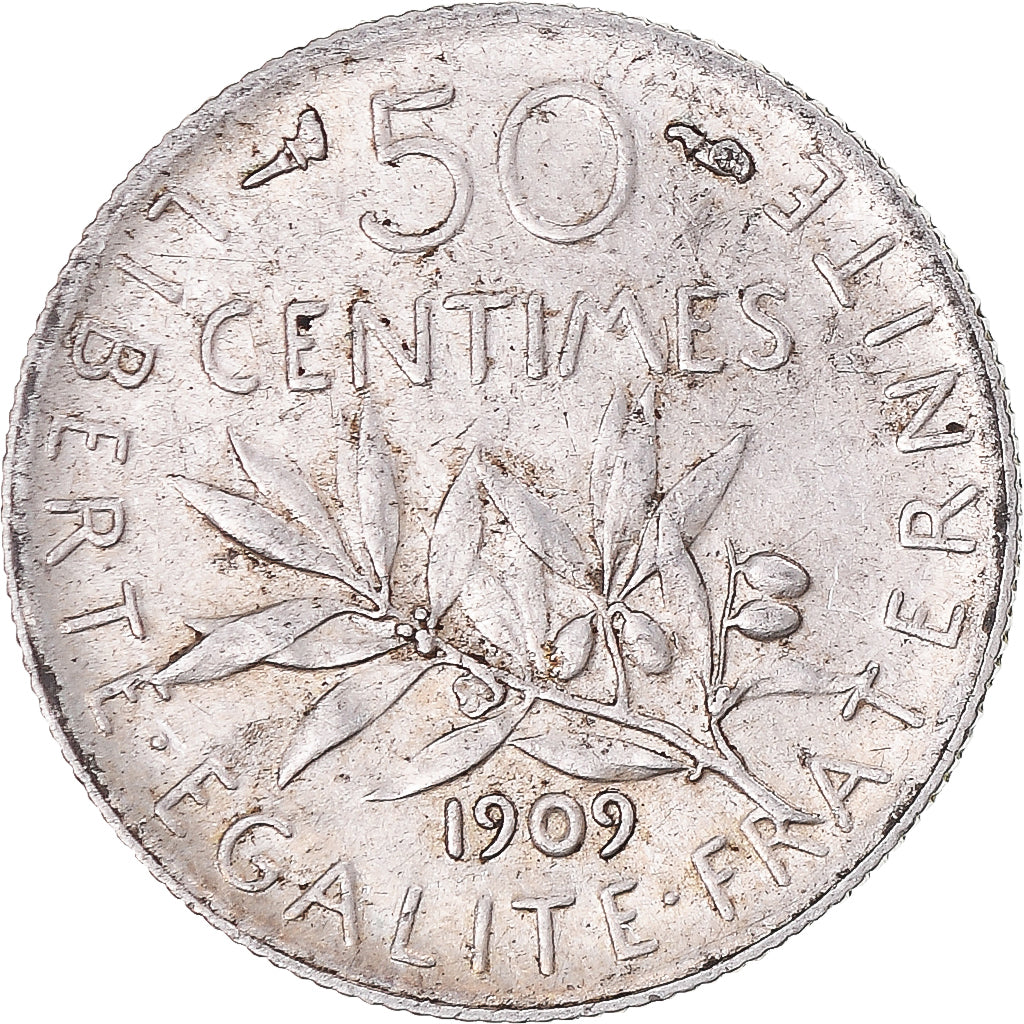 Munten, Frankrijk, Semeuse, 50 Centimes, 1909, Paris, ZF+, Zilver, KM:854