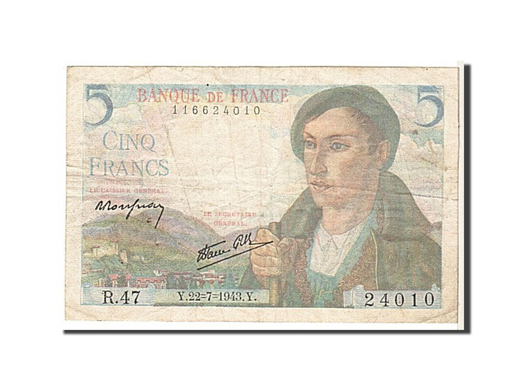 Banknot, Francja, 5 Francs, Berger, 1943, EF(40-45), KM:98a