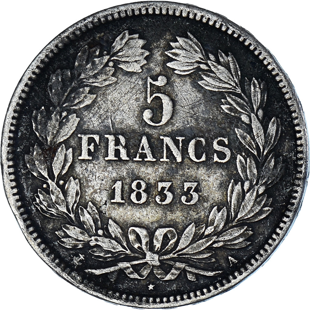 Moneta, Francia, Louis-Philippe, 5 Francs, 1833, Paris, BB, Argento, KM:749.1