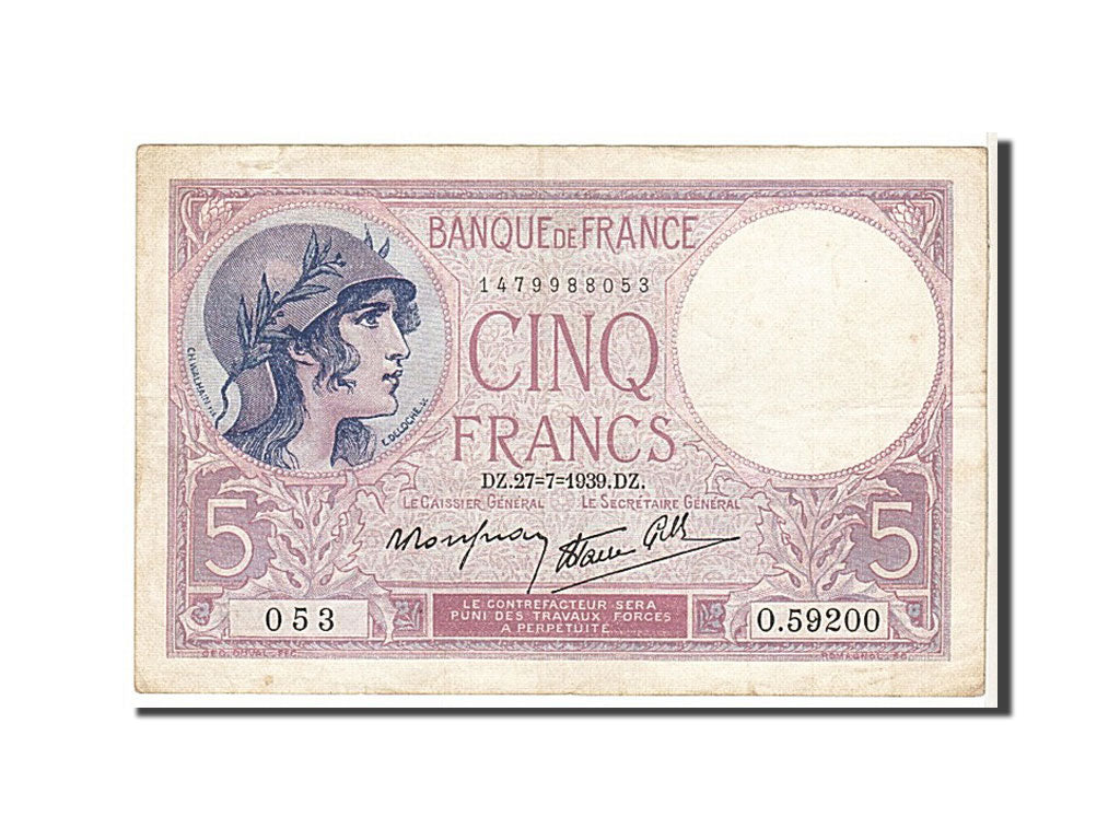 Banknote, France, 5 Francs, 5 F 1917-1940 ''Violet'', 1939, EF(40-45)