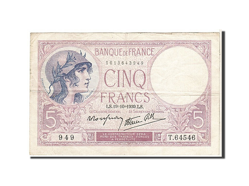 France, 5 Francs, 5 F 1917-1940 ''Violet'', 1939, KM #83, VF(20-25), 949T64546,.