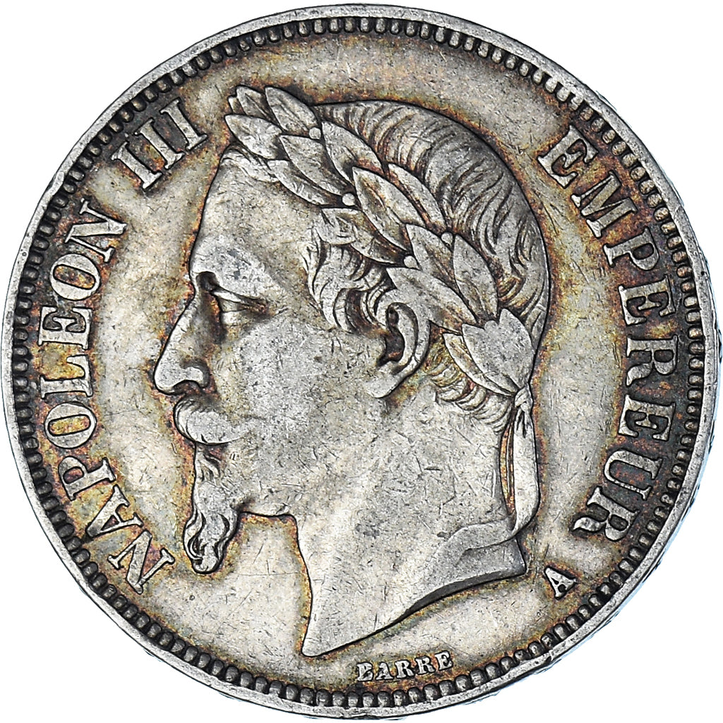 Moneda, Francia, Napoleon III, 5 Francs, 1868, Paris, BC+, Plata, KM:799.1