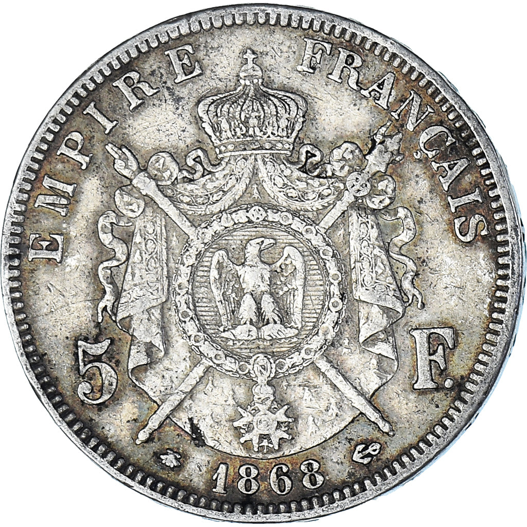 Moneda, Francia, Napoleon III, 5 Francs, 1868, Paris, BC+, Plata, KM:799.1