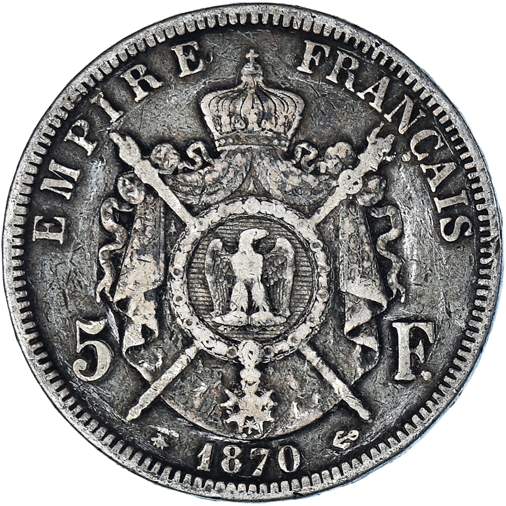 Moneta, Francia, Napoleon III, 5 Francs, 1870, Paris, MB, Argento, KM:799.1