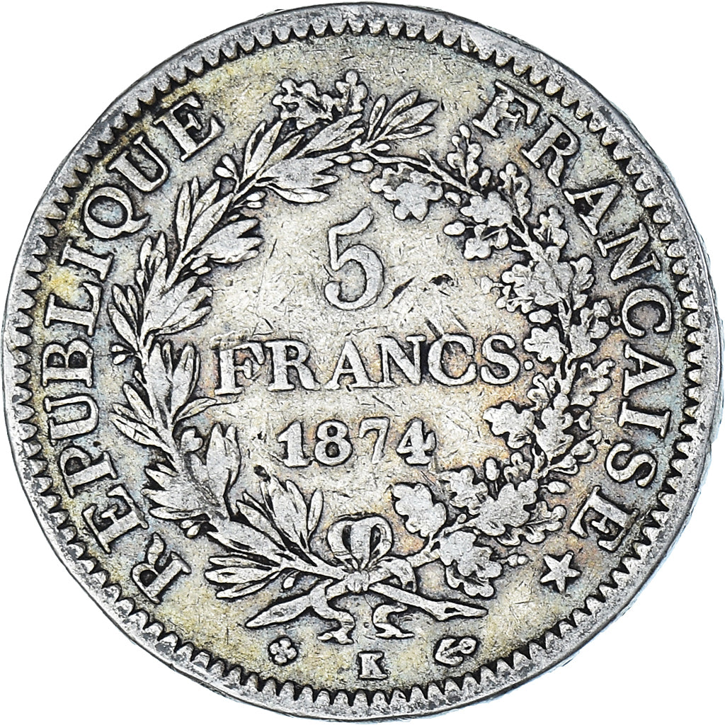 Coin, France, Hercule, 5 Francs, 1874, Bordeaux, VF(20-25), Silver, KM:820.2, Le