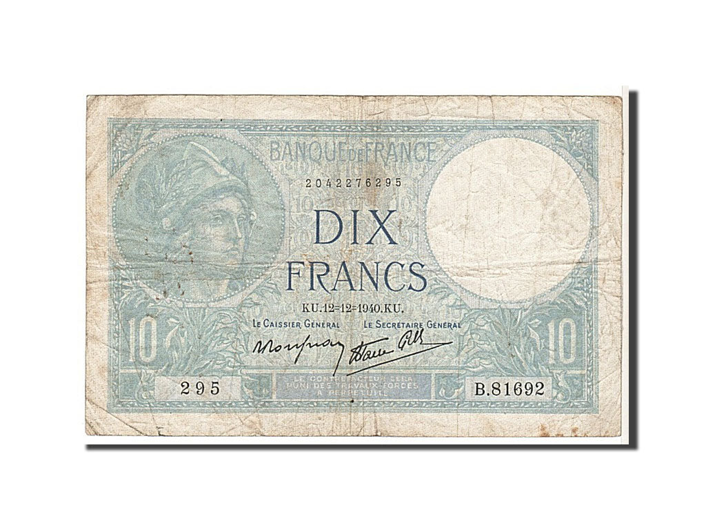 Francia, 10 Francs, 10 F 1916-1942 ''Minerve'', 1940, KM:84, MB, Fayette:7