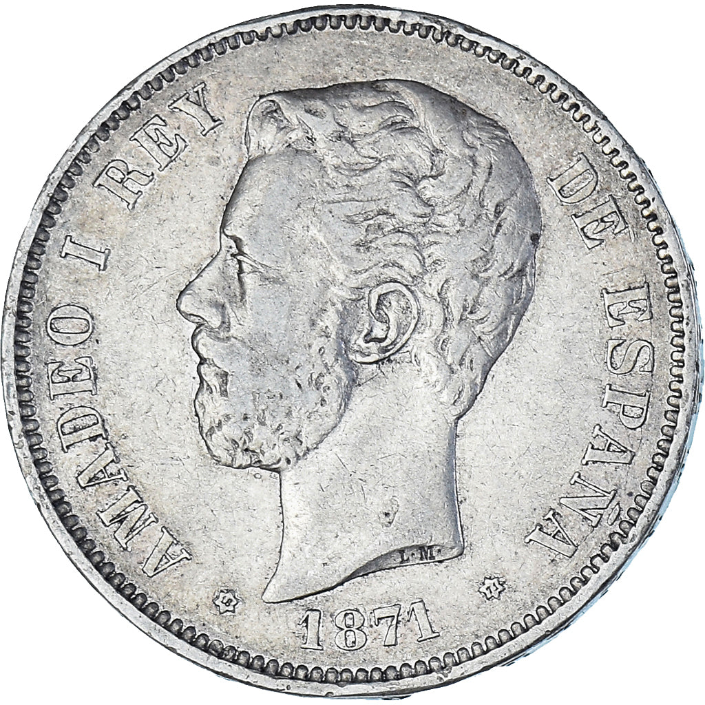Moeda, Espanha, Amadeao I, 5 Pesetas, 1871, Madrid, EF(40-45), Prata, KM:666