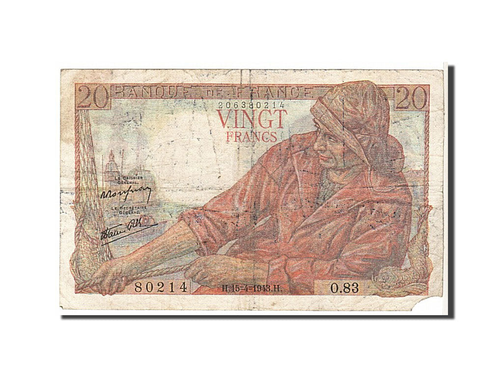 Francia, 20 Francs, 20 F 1942-1950 ''Pêcheur'', 1943, KM:100a, B, Fayette:13.6