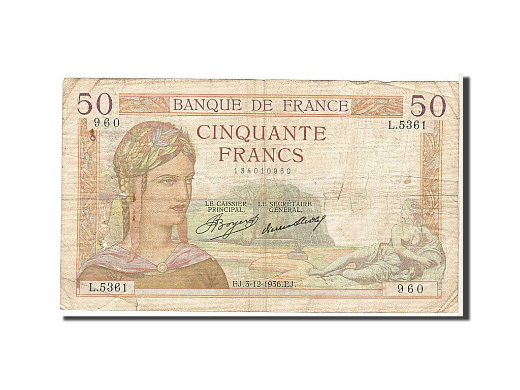 France, 50 Francs, 50 F 1934-1940 ''Cérès'', 1936, KM #81, VG(8-10), L5361960, F