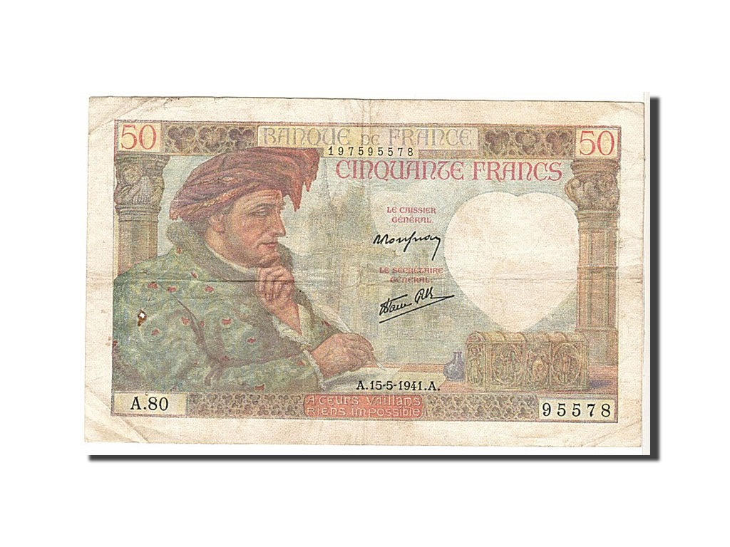 France, 50 Francs, 50 F 1940-1942 ''Jacques Coeur'', 1941, KM #93, VF(20-25),...