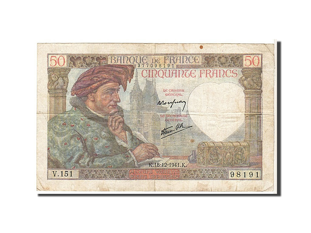 France, 50 Francs, 50 F 1940-1942 ''Jacques Coeur'', 1941, KM #93, VF(20-25),...