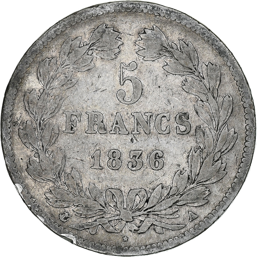 Moneda, Francia, Louis-Philippe, 5 Francs, 1836, Paris, BC, Plata, KM:749.1