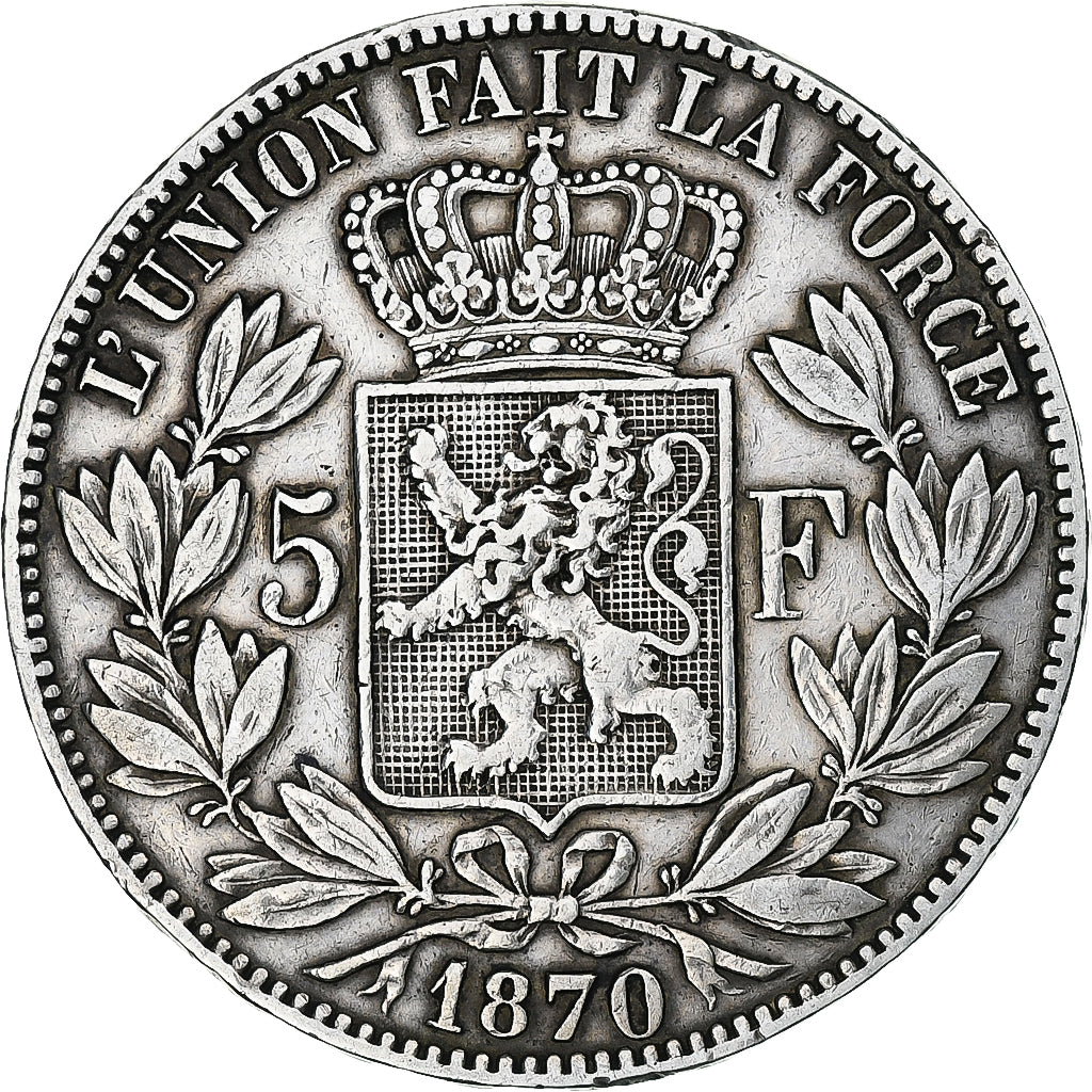 Coin, Belgium, Leopold II, 5 Francs, 5 Frank, 1870, Brussels, VF(30-35), Silver