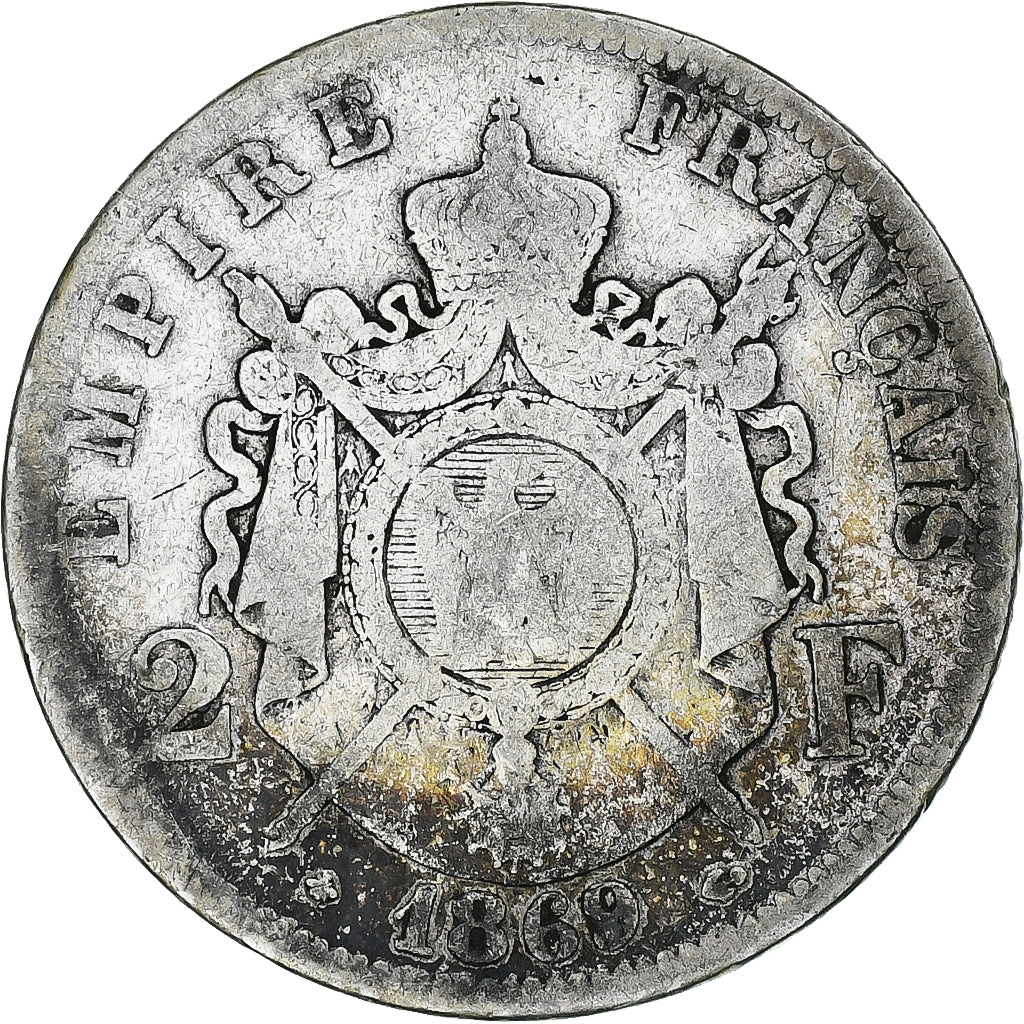 Moneda, Francia, Napoleon III, 2 Francs, 1869, Paris, BC, Plata, KM:807.1