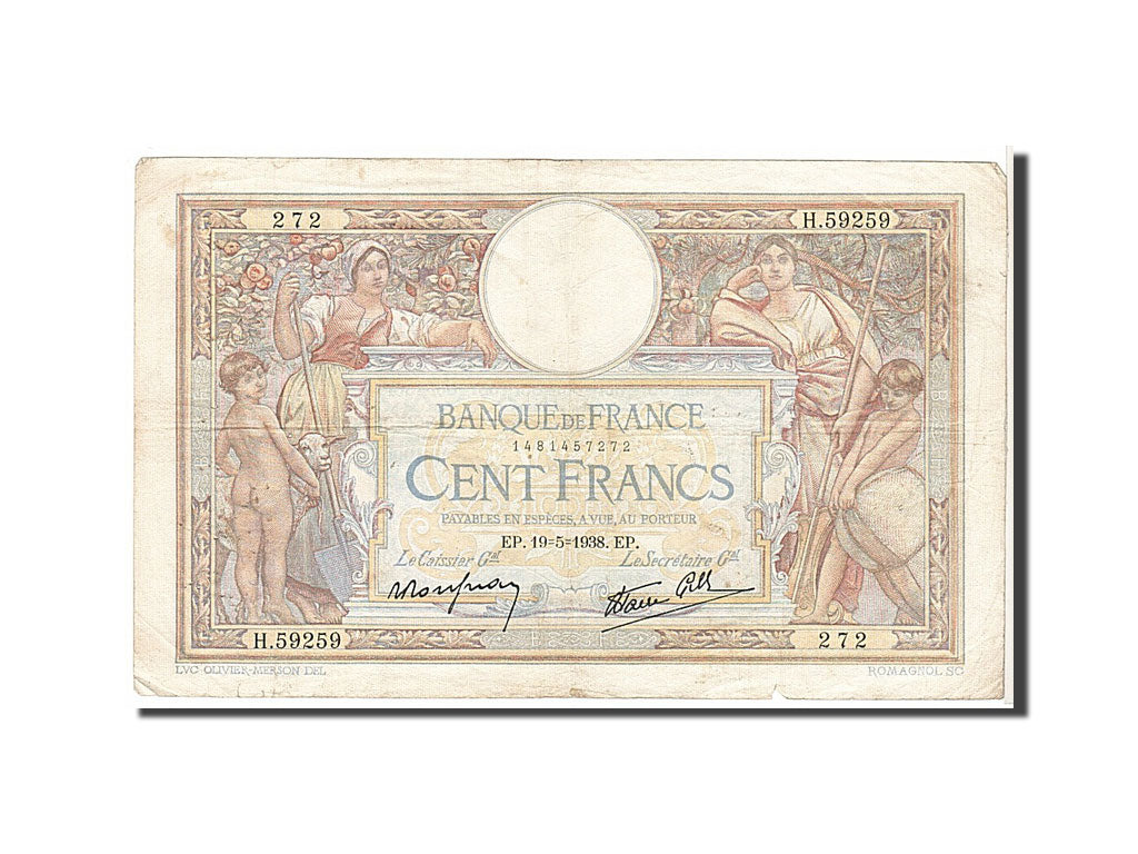 France, 100 Francs, 100 F 1908-1939 ''Luc Olivier Merson'', 1938, KM #86a,...