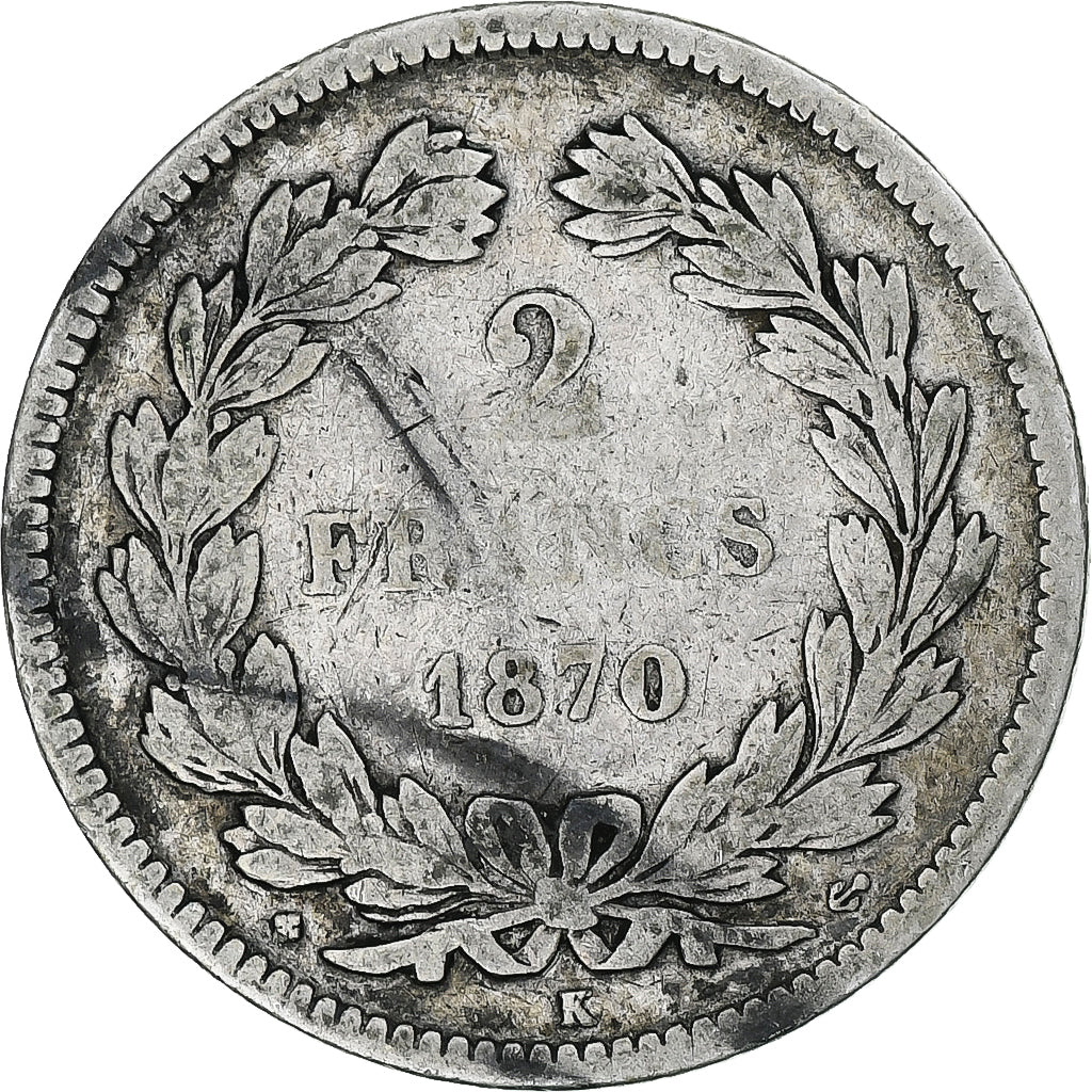 Monnaie, France, Cérès, 2 Francs, 1870, Bordeaux, B+, Argent, Gadoury:529