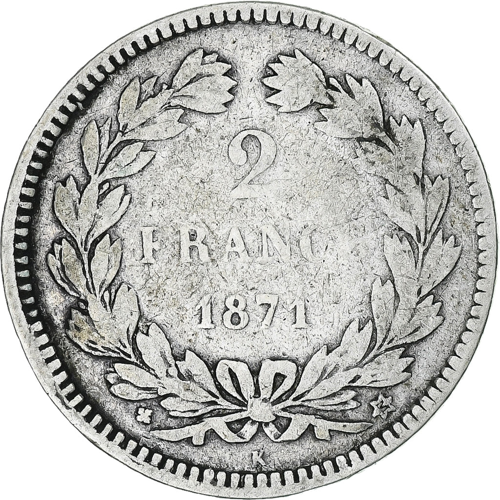 Monnaie, France, Cérès, 2 Francs, 1871, Bordeaux, B+, Argent, Gadoury:529