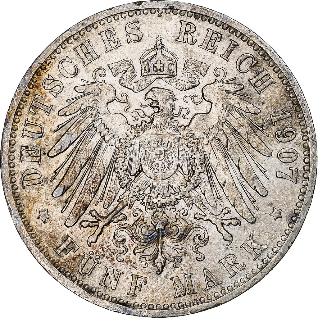 German States, PRUSSIA, Wilhelm II, 5 Mark, 1907, Berlin, AU(50-53), Silver