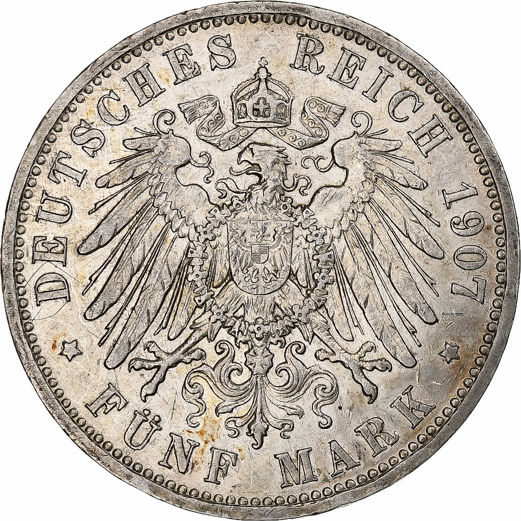 German States, PRUSSIA, Wilhelm II, 5 Mark, 1907, Berlin, AU(50-53), Silver
