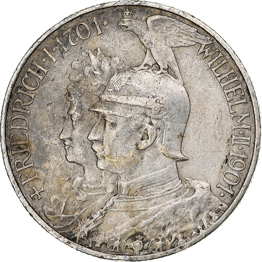 Stati tedeschi, PRUSSIA, Wilhelm II, 2 Mark, 1901, Berlin, MB+, Argento, KM:525
