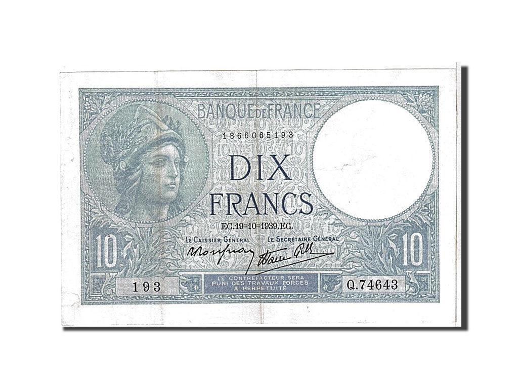 Francia, 10 Francs, 10 F 1916-1942 ''Minerve'', 1939, KM:84, BB+, Fayette:7.12