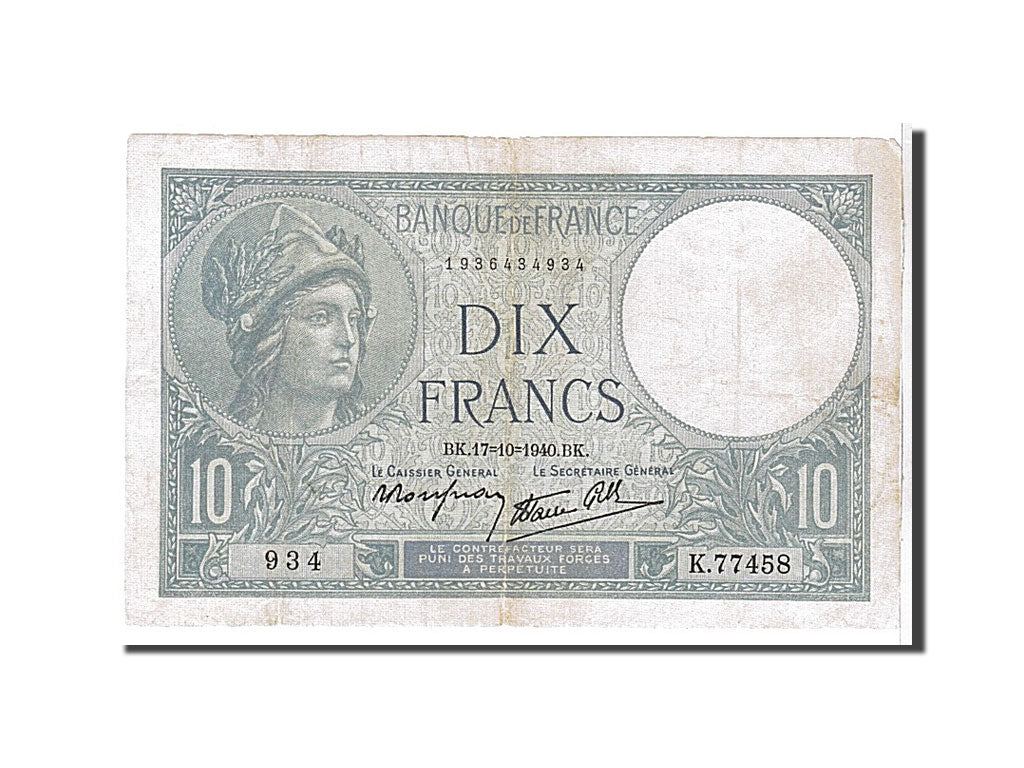 France, 10 Francs, 10 F 1916-1942 ''Minerve'', 1940, KM #84, VF(20-25),...