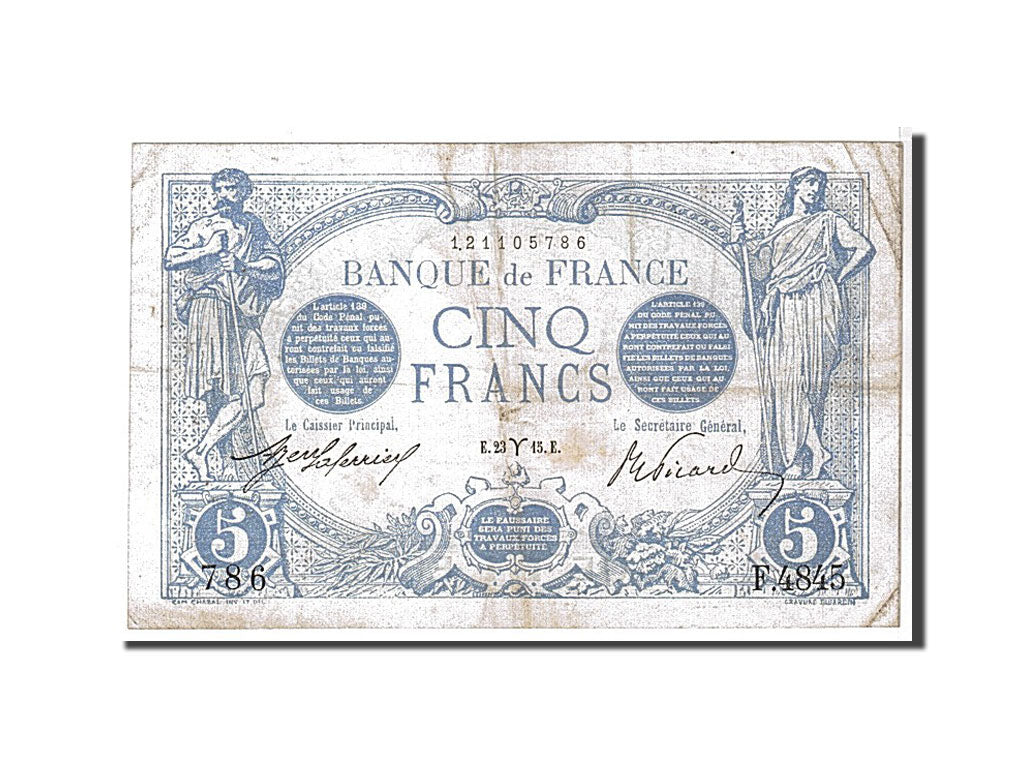 Francia, 5 Francs, 5 F 1912-1917 ''Bleu'', 1915, KM:70, MB+, Fayette:2.25