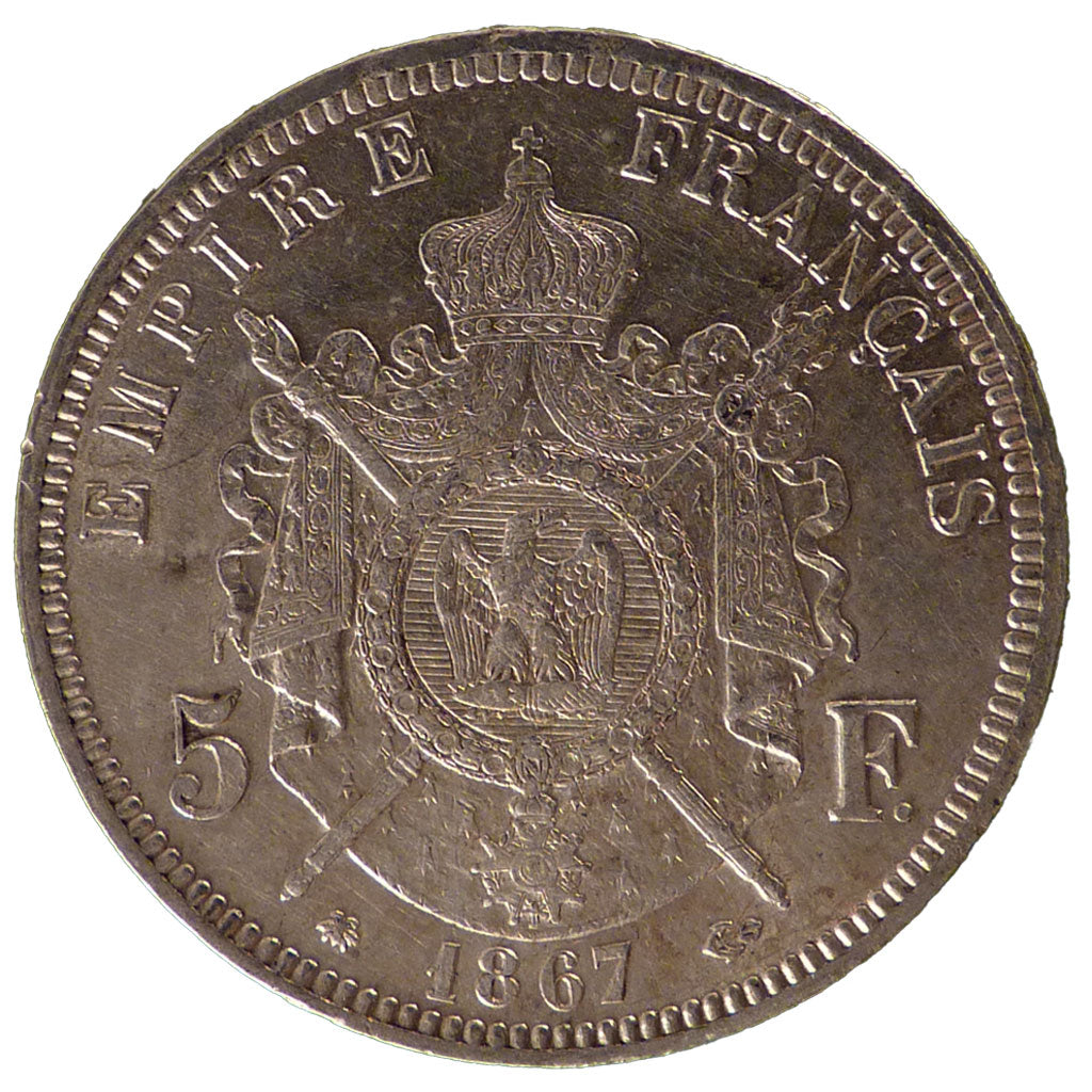 FRANCE, Napoléon III, 5 Francs, 1867, Paris, KM #799.1, AU(50-53), Silver, G...