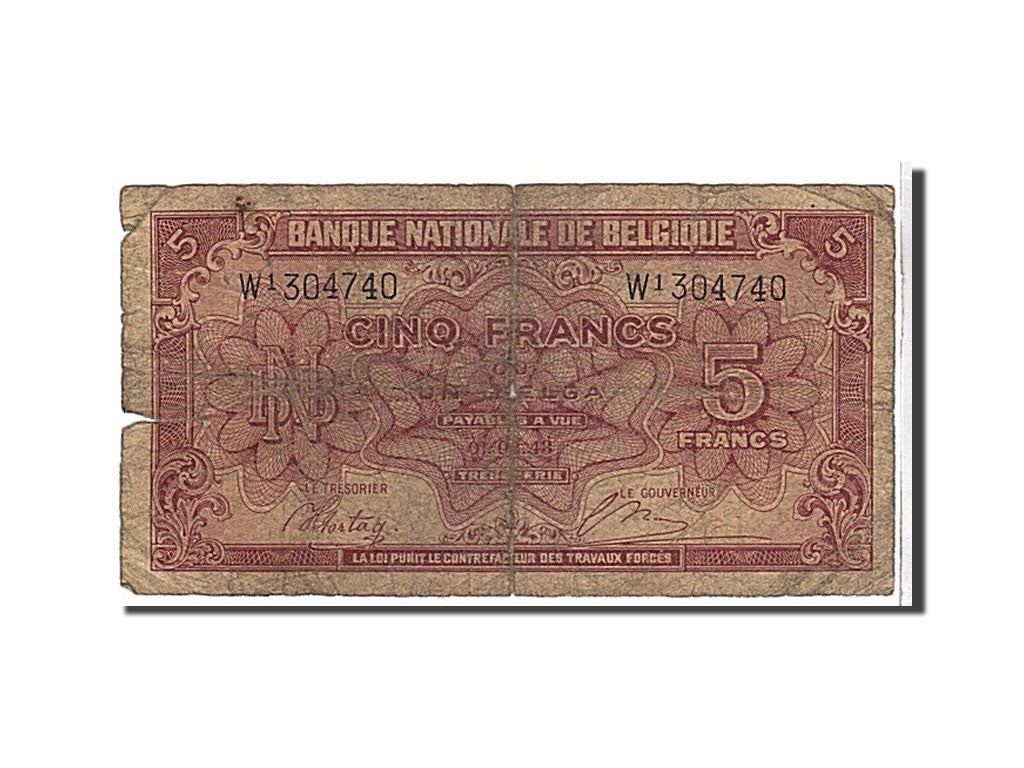 Banknote, Belgium, 5 Francs-1 Belga, 1943, KM:121, VG(8-10)