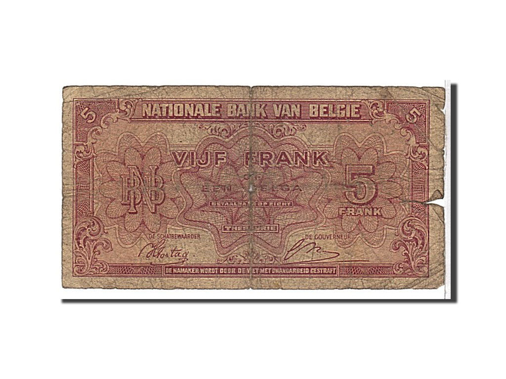 Banknote, Belgium, 5 Francs-1 Belga, 1943, KM:121, VG(8-10)