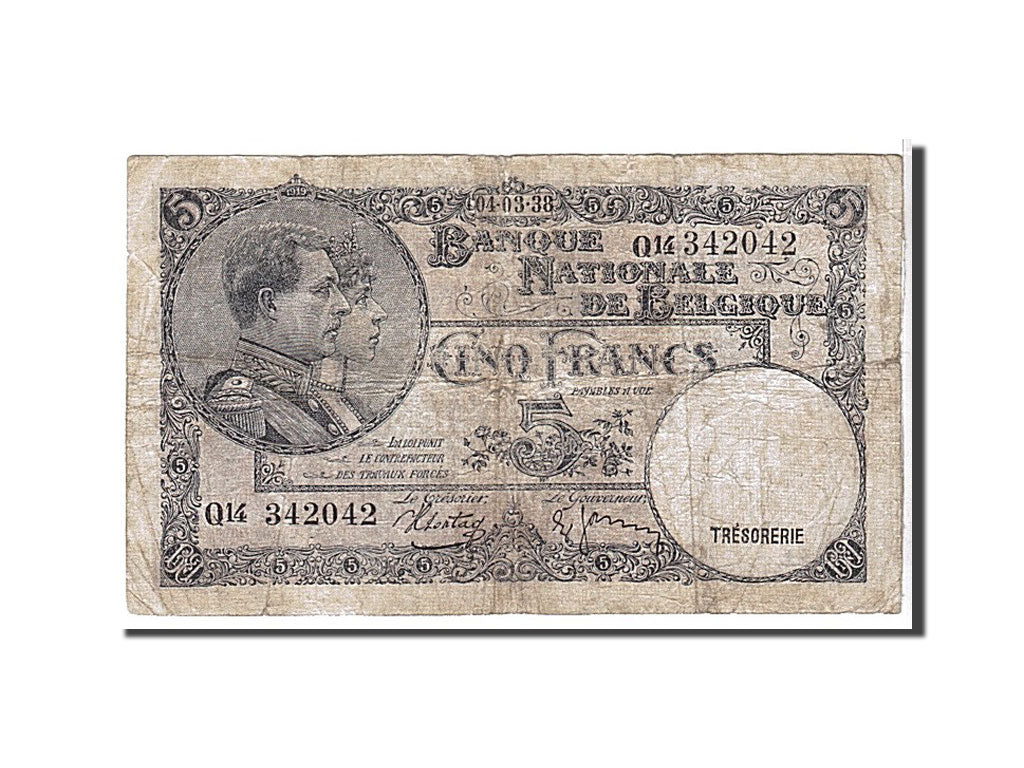 Belgium, 5 Francs, 1938, KM #108a, VG(8-10), Q14342042