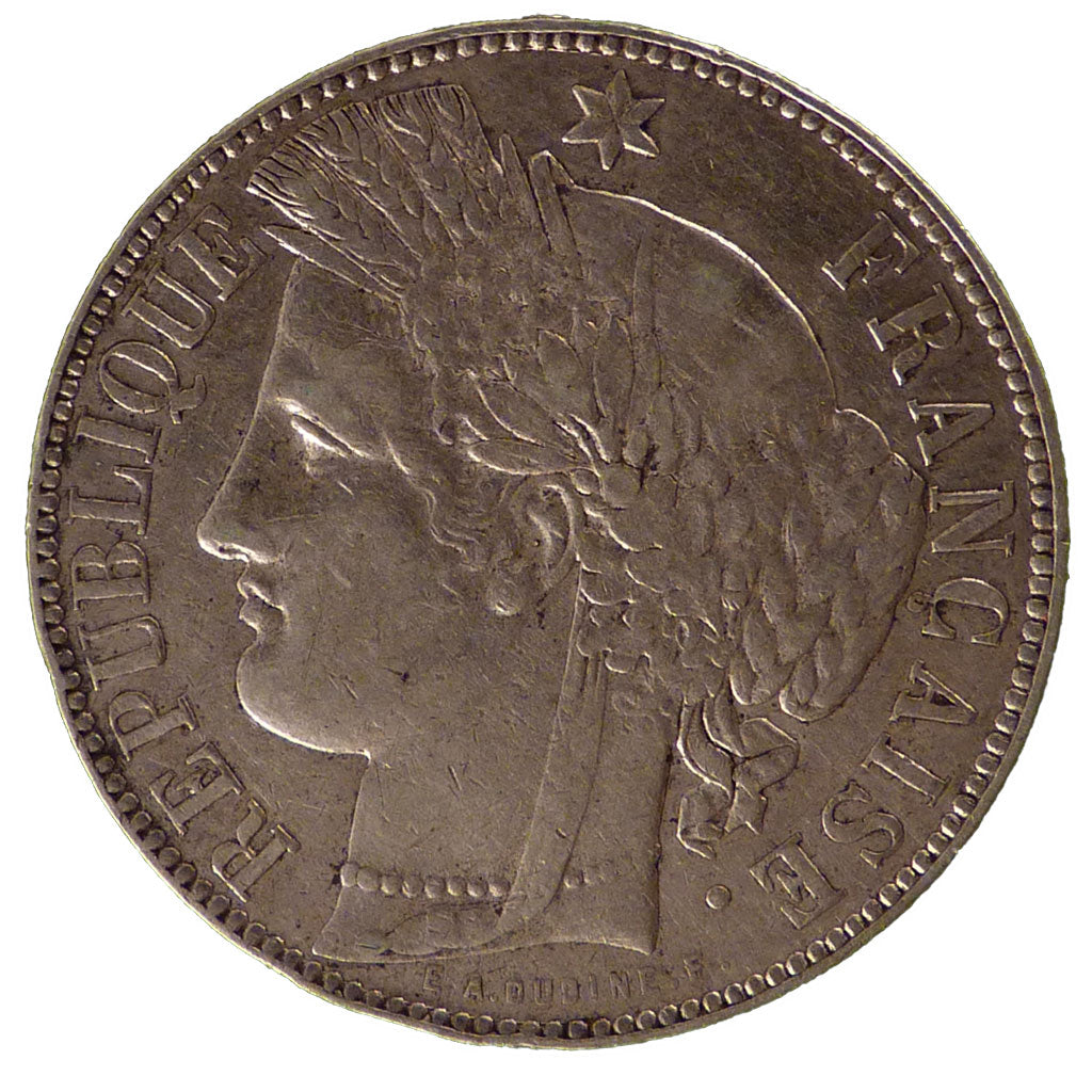 FRANCE, Cérès, 5 Francs, 1871, Bordeaux, KM #818.2, EF(40-45), Silver, Gadoury #