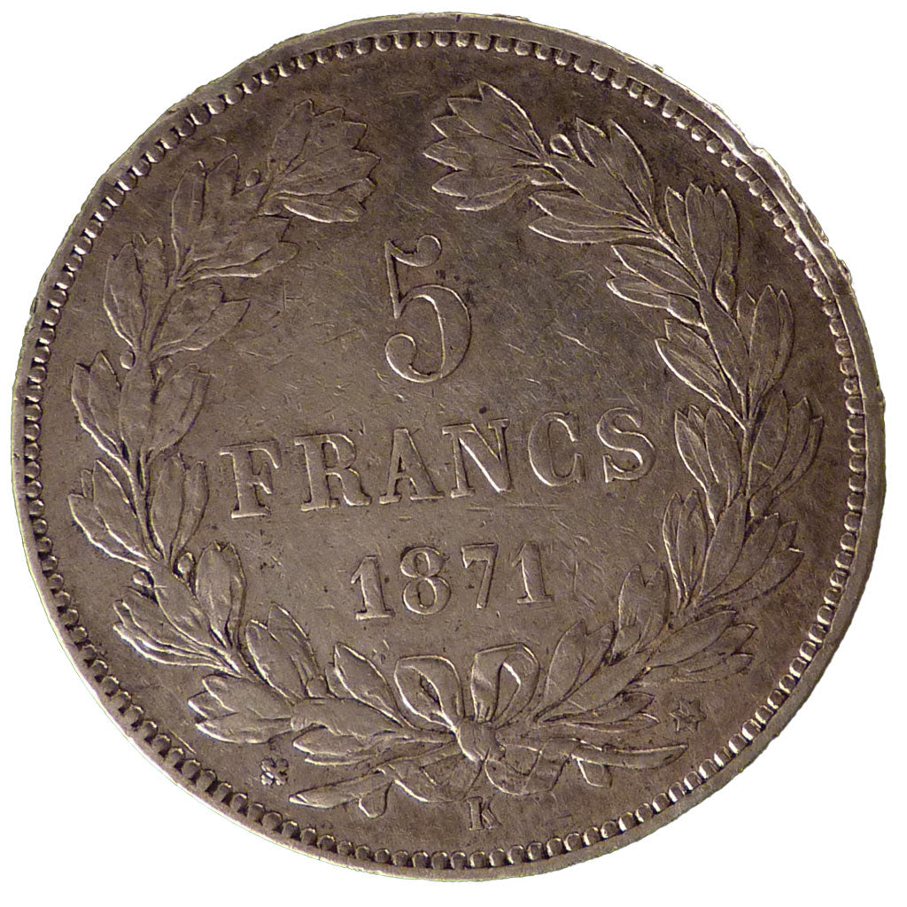 FRANCE, Cérès, 5 Francs, 1871, Bordeaux, KM #818.2, EF(40-45), Silver, Gadoury #