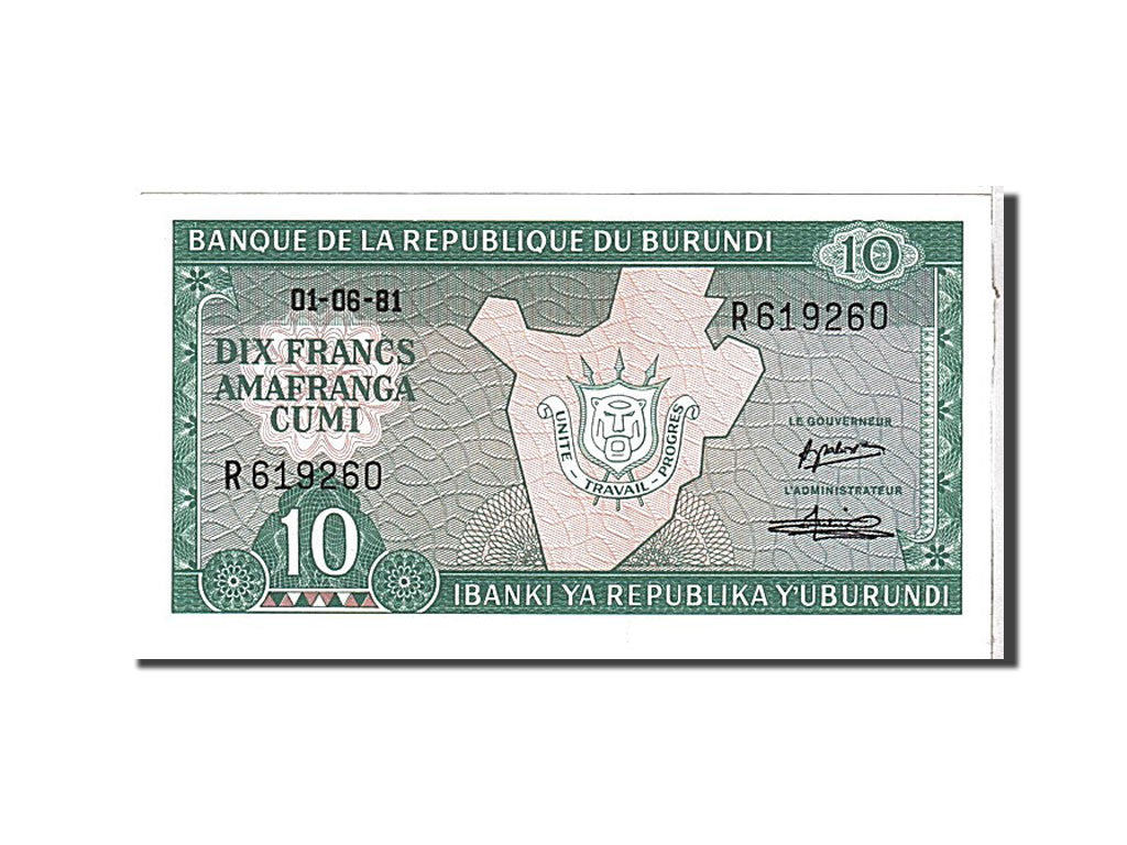 Banconote, Burundi, 10 Francs, 1981, KM:33a, FDS