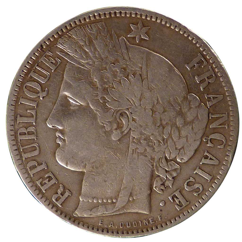 FRANCE, Cérès, 5 Francs, 1871, Bordeaux, KM #818.2, VF(30-35), Silver, Gadoury #