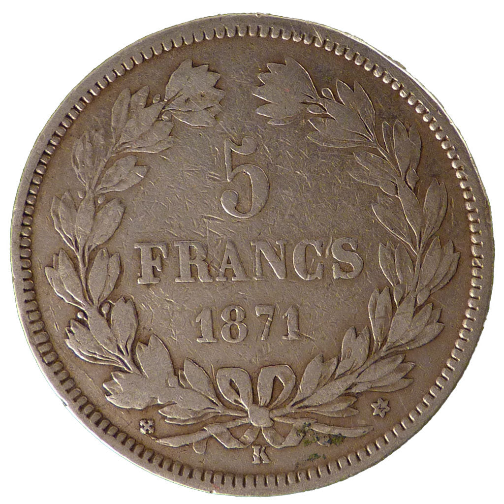 FRANCE, Cérès, 5 Francs, 1871, Bordeaux, KM #818.2, VF(30-35), Silver, Gadoury #