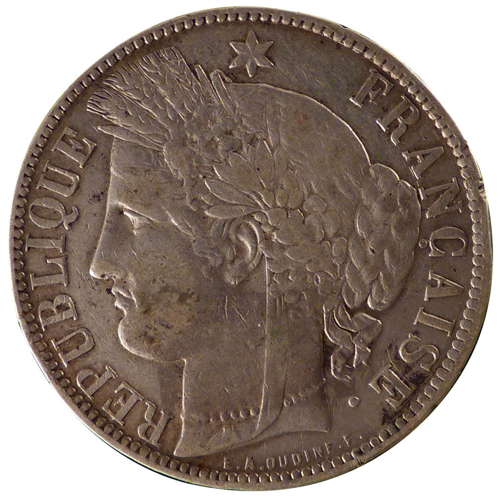 FRANCE, Cérès, 5 Francs, 1871, Bordeaux, KM #818.2, VF(30-35), Silver, Gadoury #