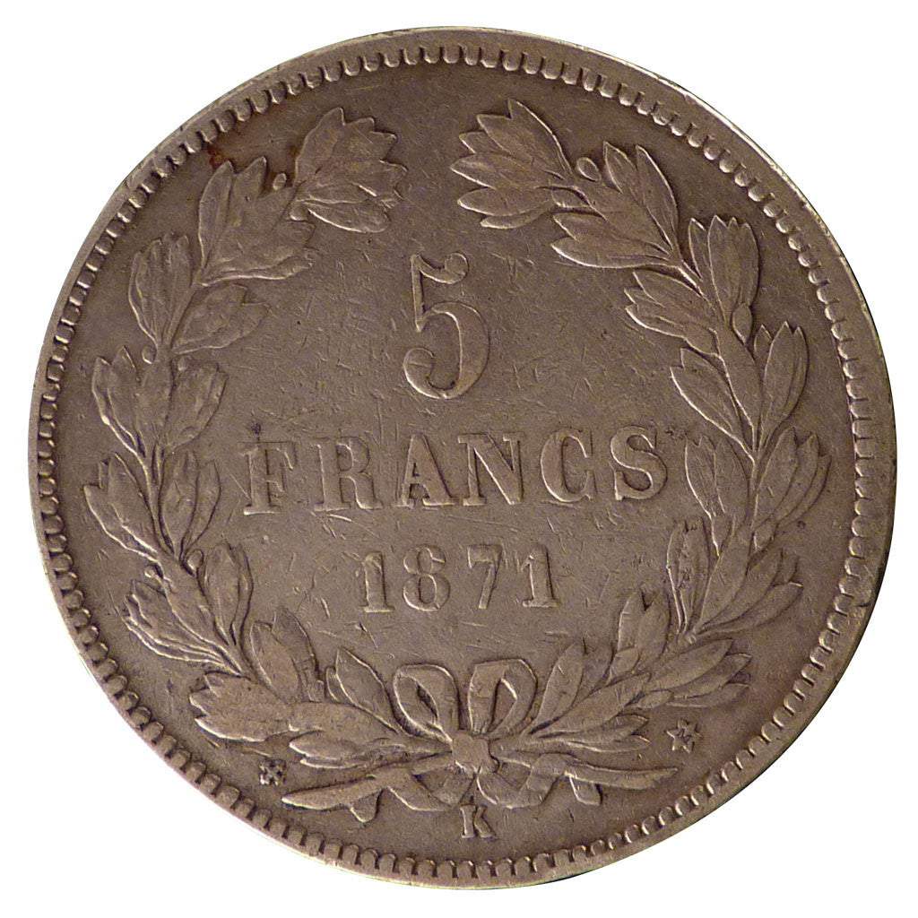 FRANCE, Cérès, 5 Francs, 1871, Bordeaux, KM #818.2, VF(30-35), Silver, Gadoury #
