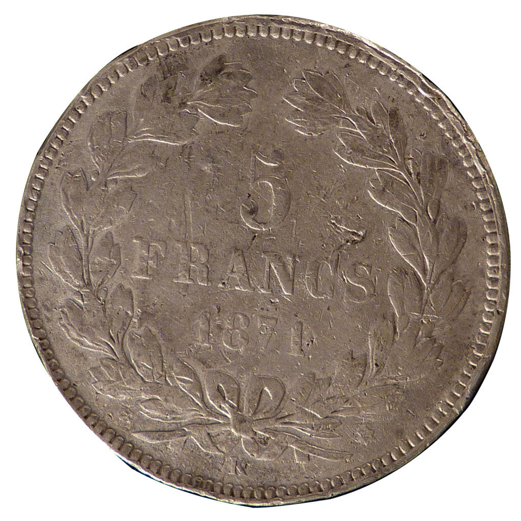 FRANCE, Cérès, 5 Francs, 1871, Bordeaux, KM #818.2, VF(20-25), Silver, Gadoury #