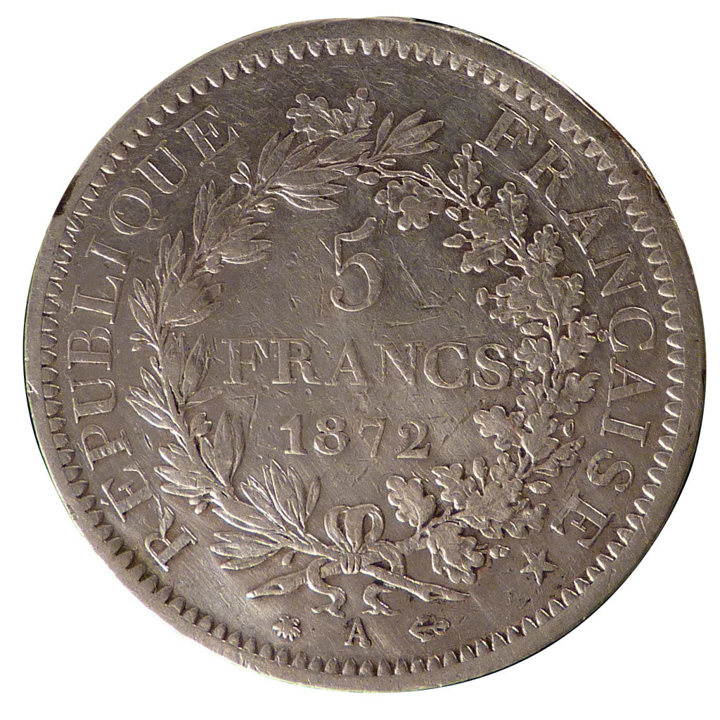 FRANCE, Hercule, 5 Francs, 1872, Paris, KM #820.1, VF(30-35), Silver, Gadoury...