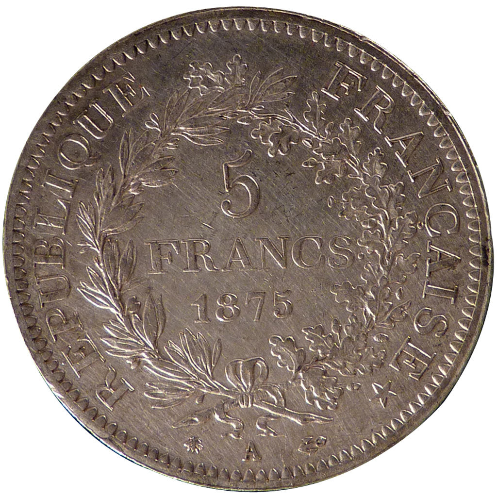 FRANCE, Hercule, 5 Francs, 1875, Paris, AU(50-53), Silver, Gadoury #745a, 24.90