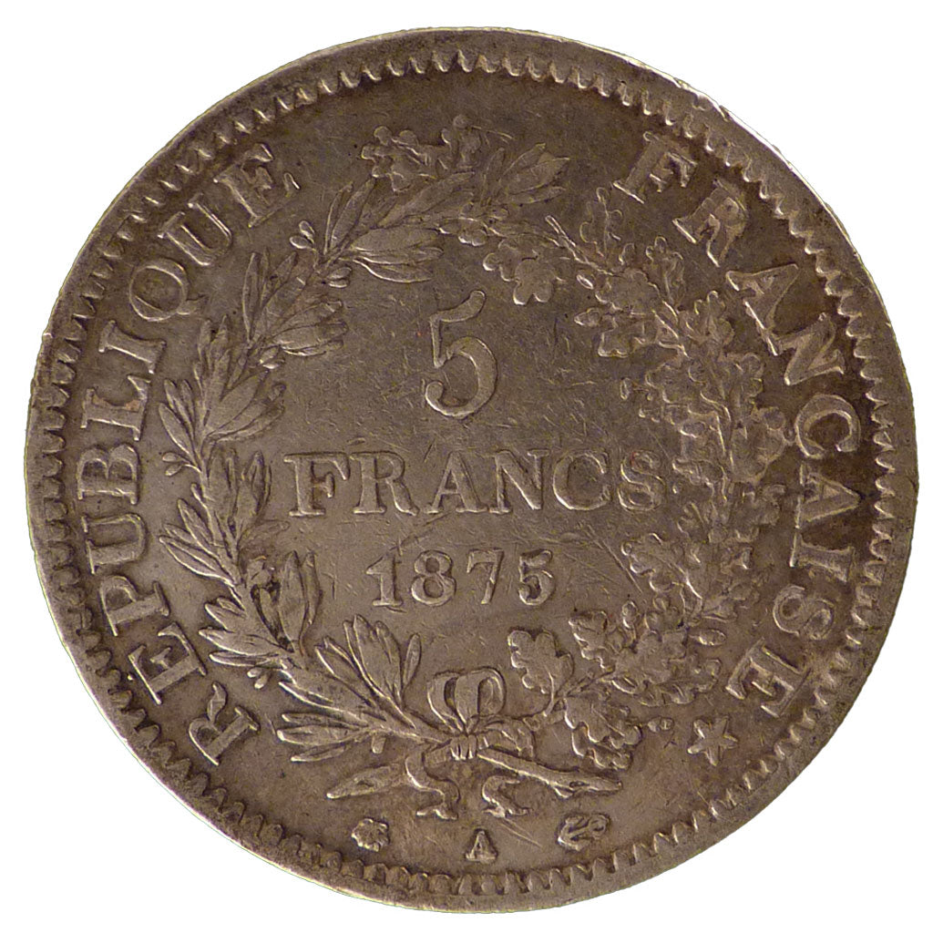 FRANCE, Hercule, 5 Francs, 1875, Paris, EF(40-45), Silver, Gadoury #745a, 25.00