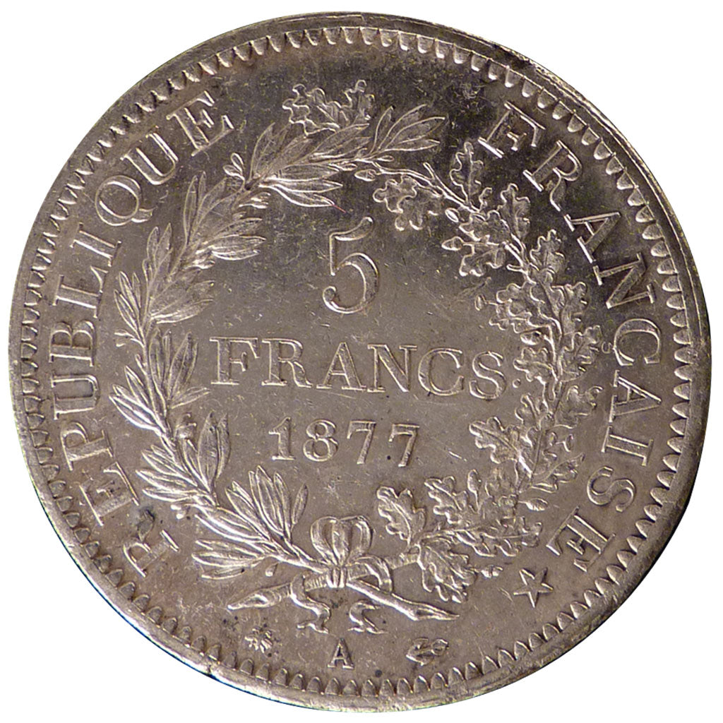 FRANCE, Hercule, 5 Francs, 1877, Paris, KM #820.1, AU(50-53), Silver, Gadoury...