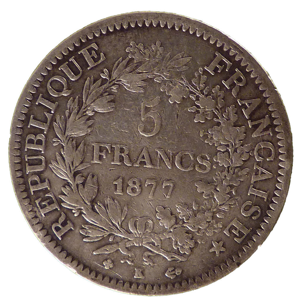 FRANCE, Hercule, 5 Francs, 1877, Bordeaux, KM #820.2, VF(30-35), Silver,...