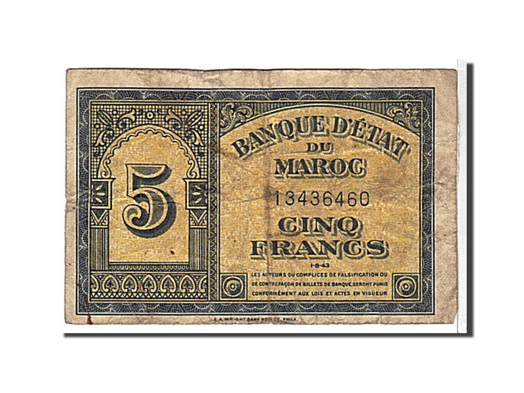 Morocco, 5 Francs, 1943, KM #24, VF(20-25), 13436460
