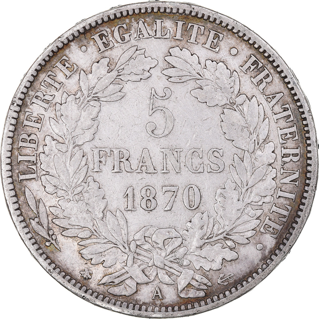 Moeda, França, Cérès, 5 Francs, 1870, Paris, AU(50-53), Prata, KM:818.1